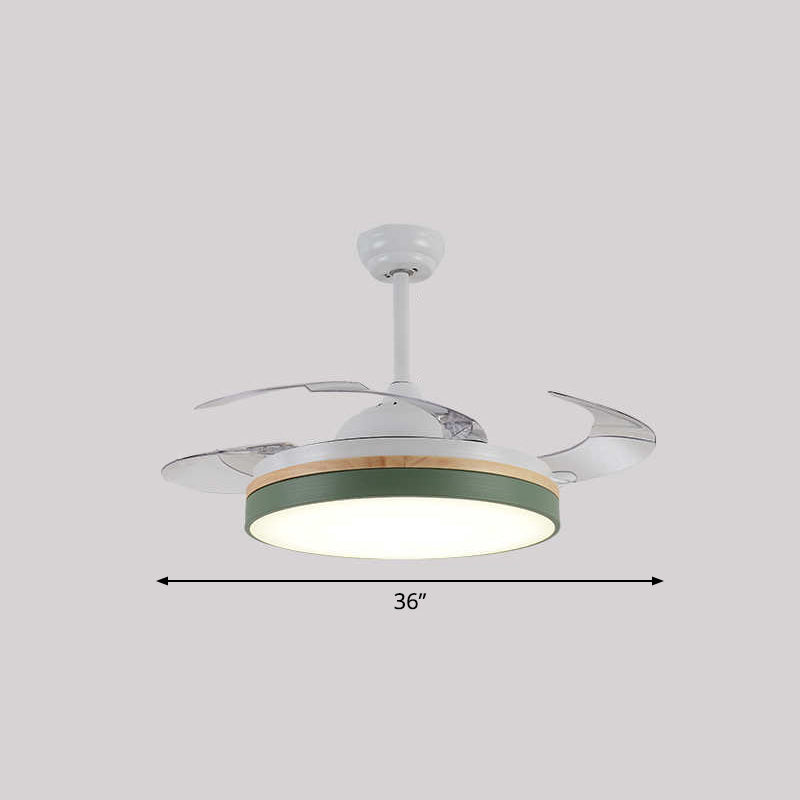 43" W Round Dining Room Hanging Fan Light Fixture Acrylic LED Nordic Semi Flush Lamp with 3-Blade and Remote