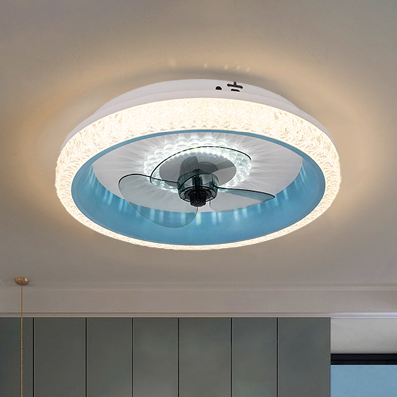 19.5" Wide Round LED Semi Flush Mounted Light Macaron Acrylic Dining Room 3-Blade Ceiling Fan Lamp, Remote Control