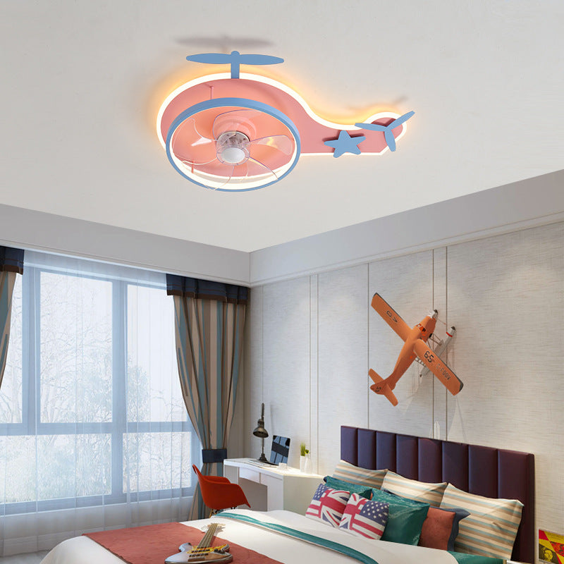 Éclairage de ventilateur en aluminium en forme de boucle dessin animé Pink Semi Flush Mounted plafond Light avec télécommande