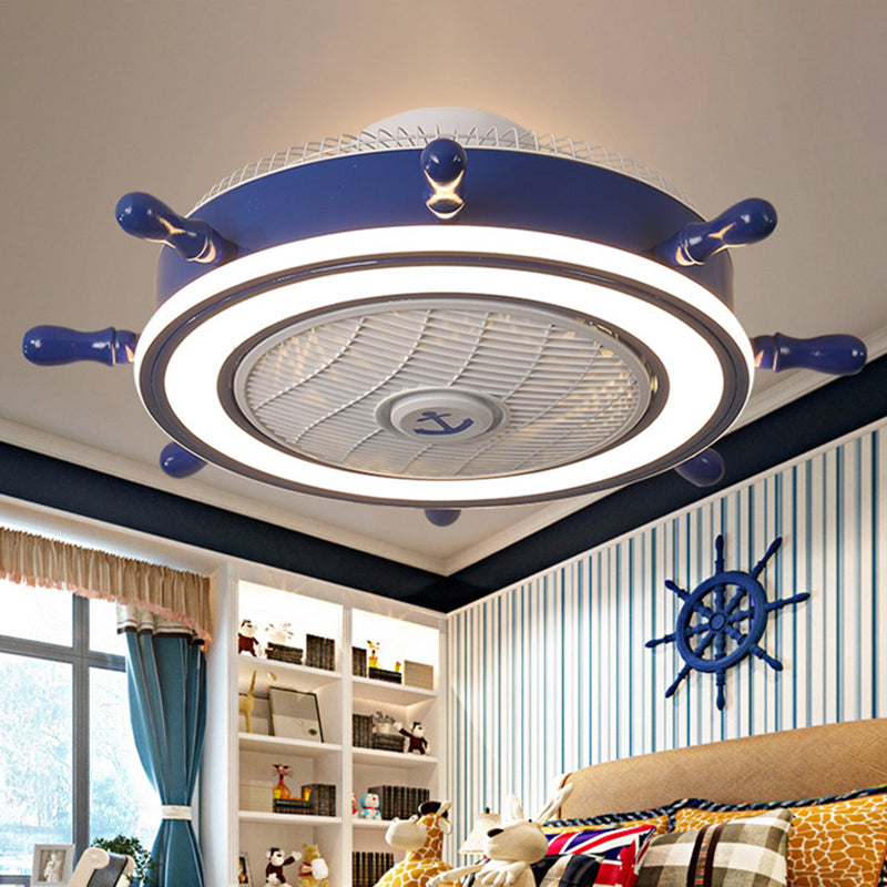 Navy Blue Rudder Fan Light Fixture Childrens Metal Remote Control LED Semi Flush Ceiling Light with 7 Blades, 23.5" W