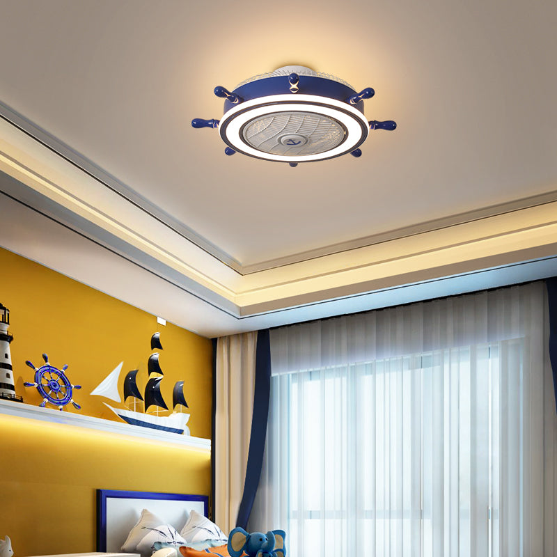 Navy Blue Rudder Fan Light Fixture Childrens Metal Remote Control LED Semi Flush Ceiling Light with 7 Blades, 23.5" W