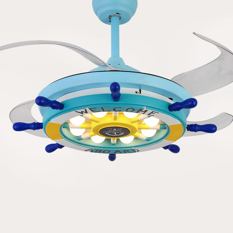 Muovo di metallo Semi-flush Monte Light Kids Kids 42 pollici Luce a ventola a ciondolo blu a LED con 4 lame trasparenti