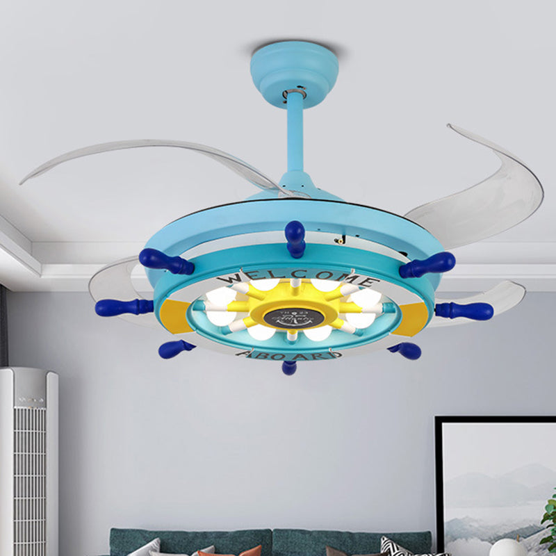 Muovo di metallo Semi-flush Monte Light Kids Kids 42 pollici Luce a ventola a ciondolo blu a LED con 4 lame trasparenti