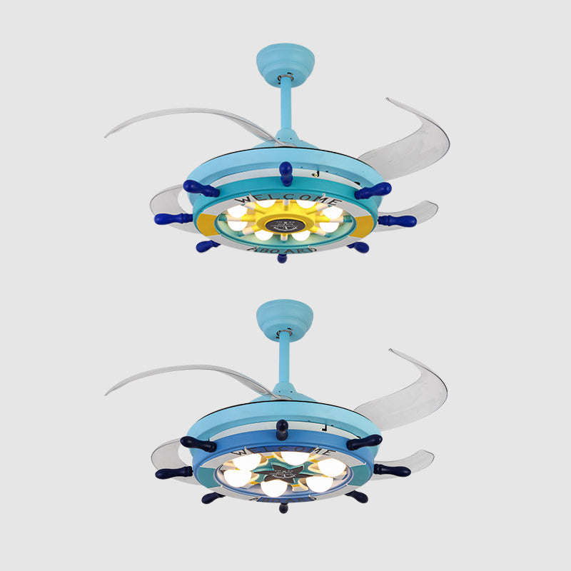 Metal Rudder Semi-Flush Mount Ceiling Light Kids 42 Inches Wide LED Blue Pendant Fan Light with 4 Clear Blades