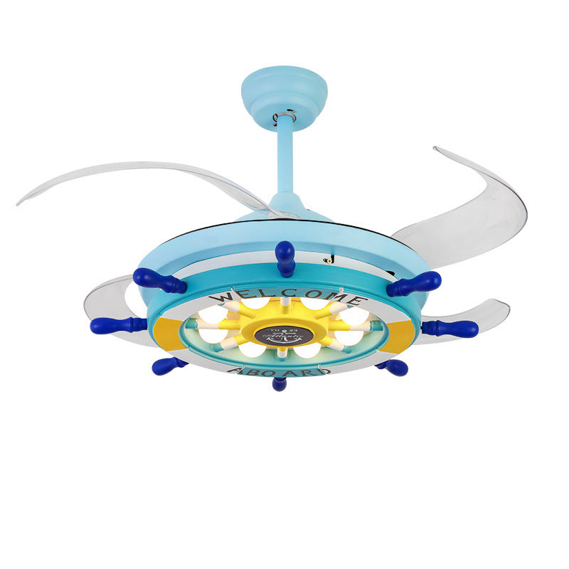 Muovo di metallo Semi-flush Monte Light Kids Kids 42 pollici Luce a ventola a ciondolo blu a LED con 4 lame trasparenti