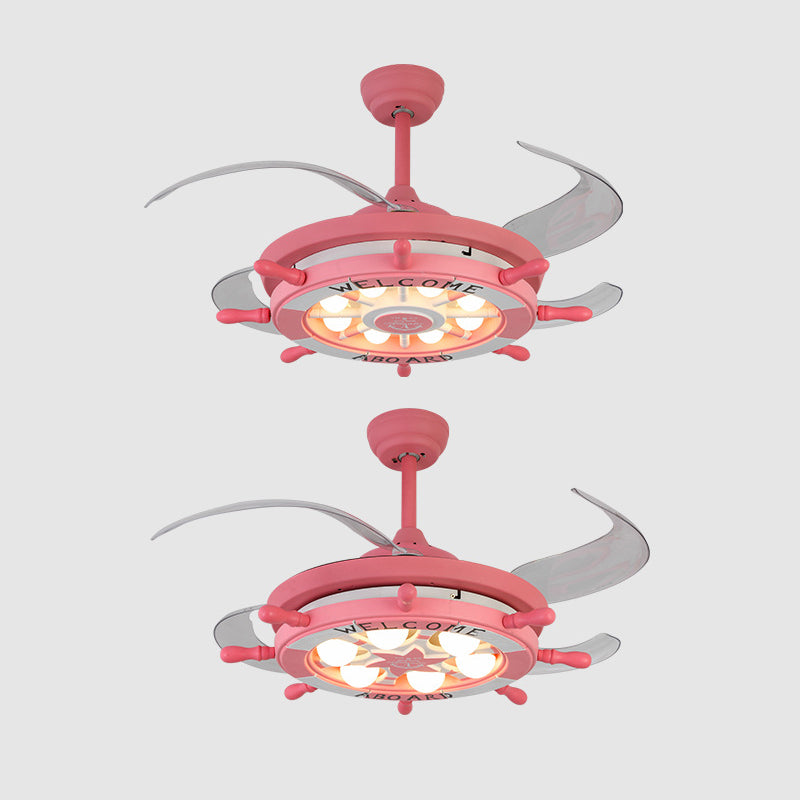 4 Blades Ship Rudder Ceiling Fan Light Childrens Metal LED Pink Semi Mount Lighting for Bedroom, 42" W