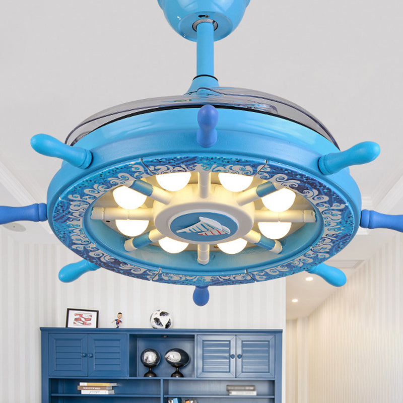 Creative Kids Rudder Hanging Fan Lightture Metal Boys Room LED LED Semi Flush Light en bleu, 4 lames