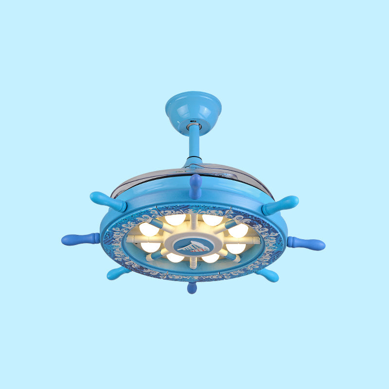 Creative Kids Rudder Hanging Fan Lightture Metal Boys Room LED LED Semi Flush Light en bleu, 4 lames