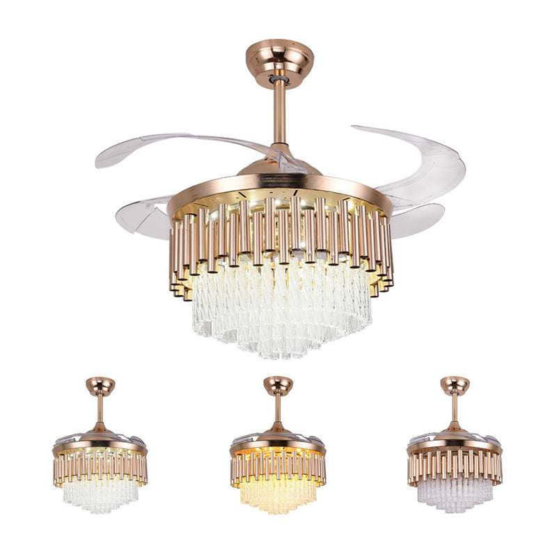 4 Blades Multi-Tiered Tapered Ceiling Fan Lighting Modern Crystal Prism Rose Gold LED Semi Flush Mount, 42" Wide