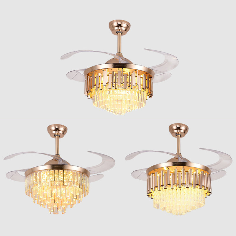 4 Blades Multi-Tiered Tapered Ceiling Fan Lighting Modern Crystal Prism Rose Gold LED Semi Flush Mount, 42" Wide