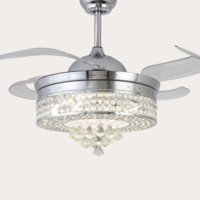 42" W Chrome Round Hanging Fan Lamp Minimalist Beveled Crystal LED Semi Flush Light Fixture with 4 Blades