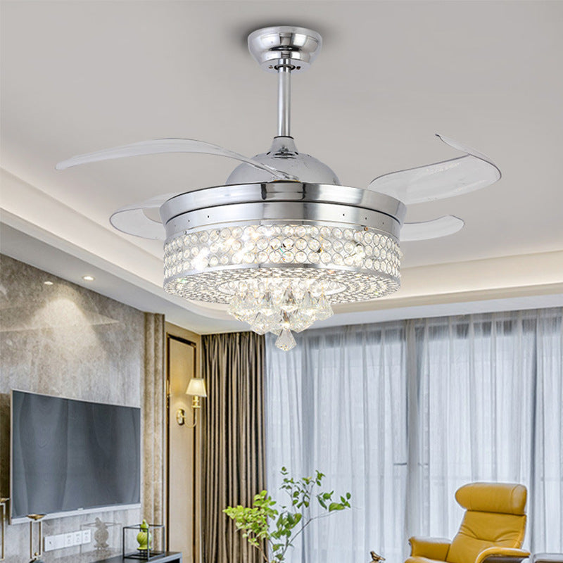 42" W Chrome Round Hanging Fan Lamp Minimalist Beveled Crystal LED Semi Flush Light Fixture with 4 Blades