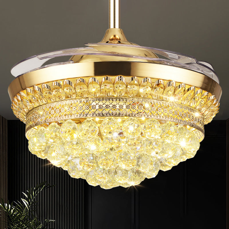 Tiered Crystal Orb Semi Flush Mount Light Contemporary Gold 4-Blade LED Hanging Fan Light Fixture