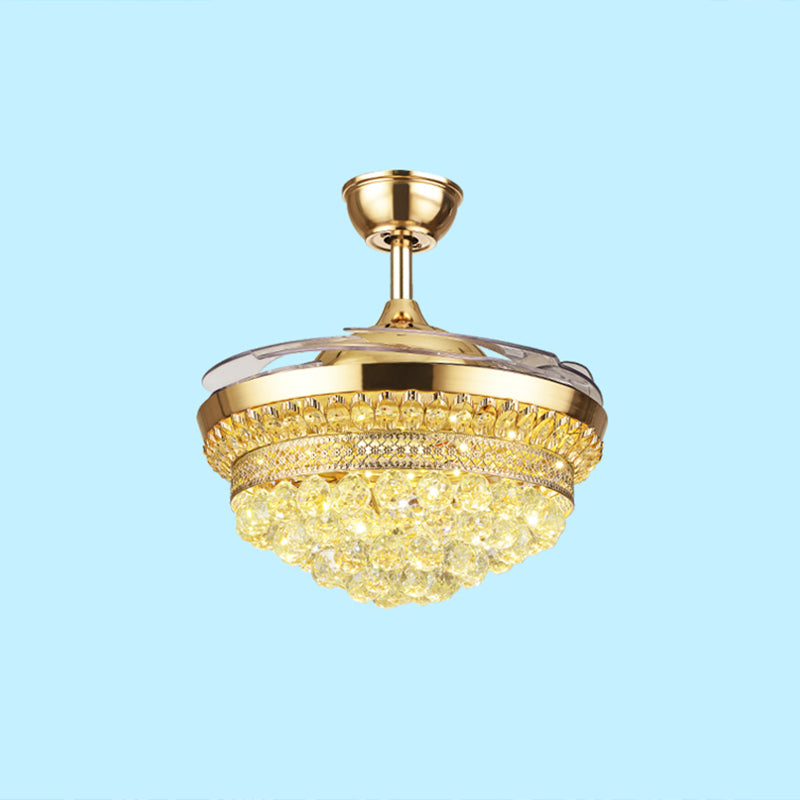 Tiered Crystal Orb Semi Flush Mount Light Contemporary Gold 4-Blade LED Hanging Fan Light Fixture