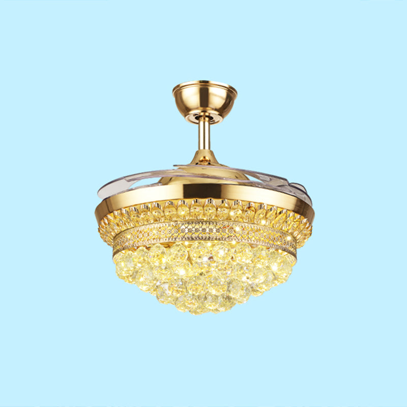 Tiered Crystal Orb Semi Flush Mount Light Contemporary Gold 4-Blade LED Hanging Fan Light Fixture