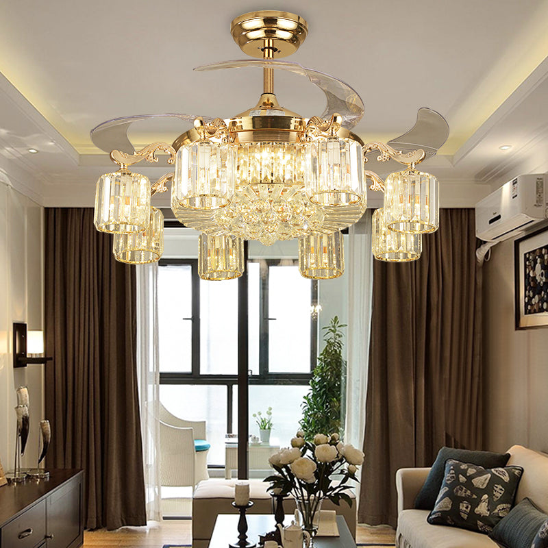 Cylindrical Crystal Ceiling Fan Light Modern 8-Light Semi Flush Mount Chandelier with 4 Blades and Remote