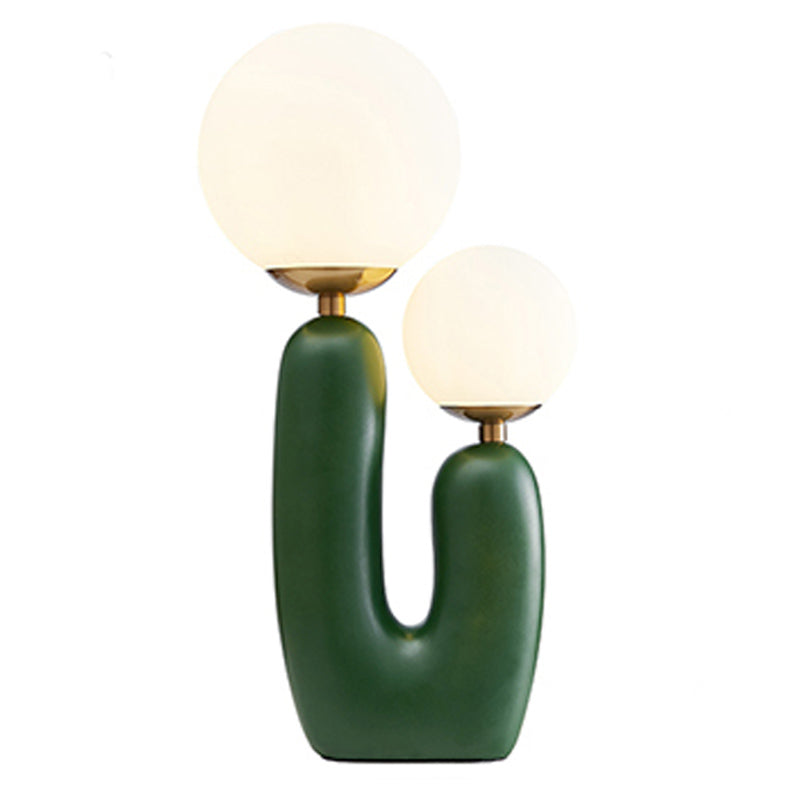 Cactus Bedside Table Light Resin 2 Bulbs Nordic Style Night Lamp with Ball Cream Glass Shade