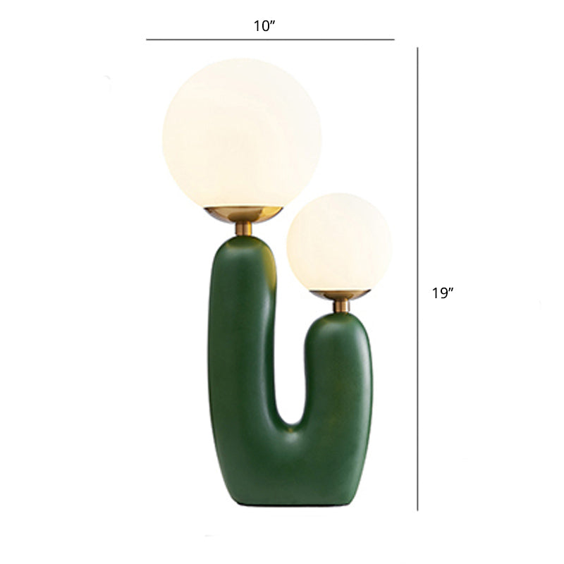 Cactus Bedside Table Light Resin 2 Bulbs Nordic Style Night Lamp with Ball Cream Glass Shade