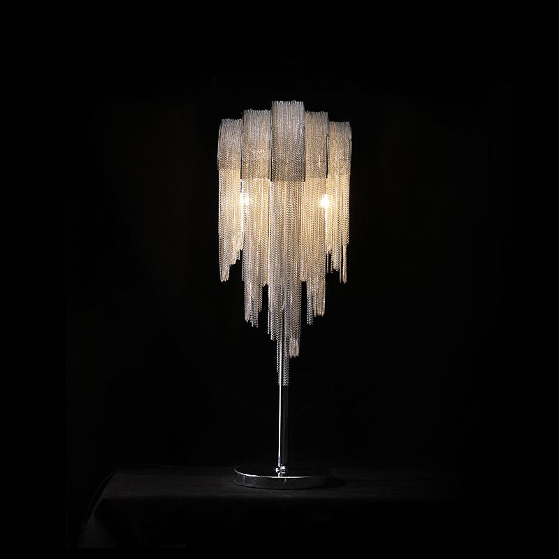 Hand-Woven Aluminum Chain Tassel Table Light Designer 2-Light Silver Accent Lamp for Living Room