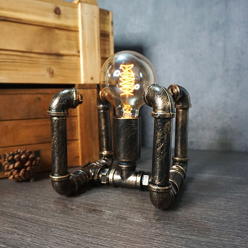 Wrought Iron Pipe Art Night Lamp Industrial 1-Bulb Boys Room Table Light in Bronze