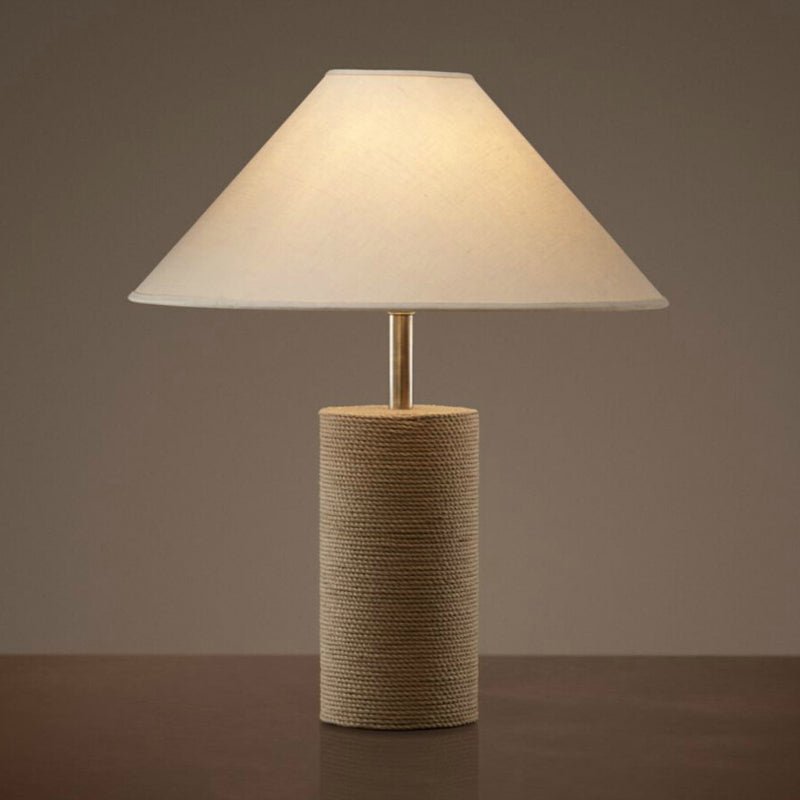 Fabric Empire Shade Table Lamp Country 1-Light Bedroom Night Light with Rope Pedestal in Flaxen