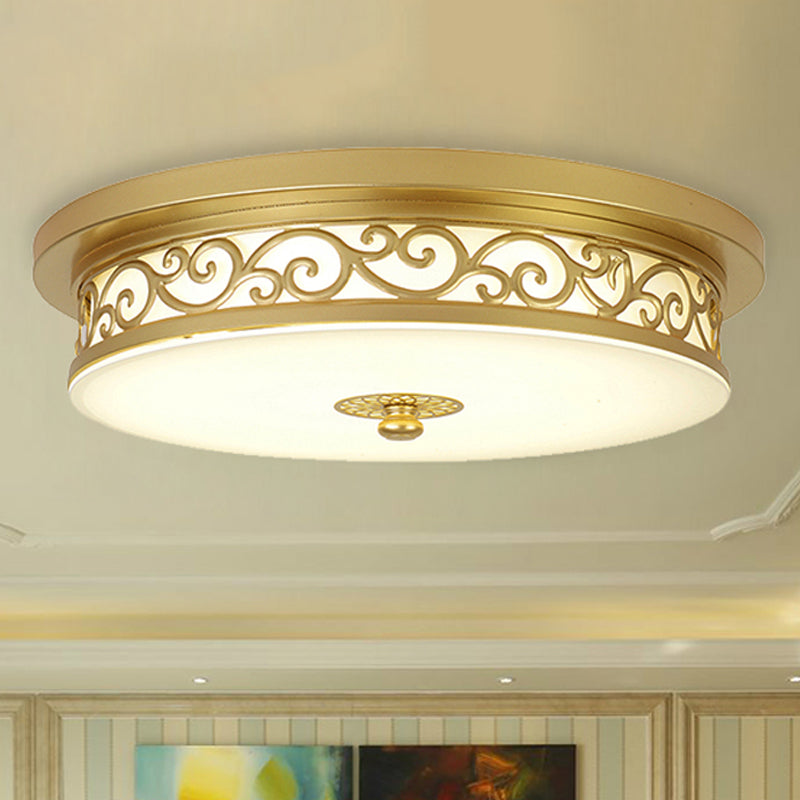 Gold Drum Flush Mount Lamp Classic White Glass LED 12"/16"/19.5" W Living Room Ceiling Light in White/Warm Light