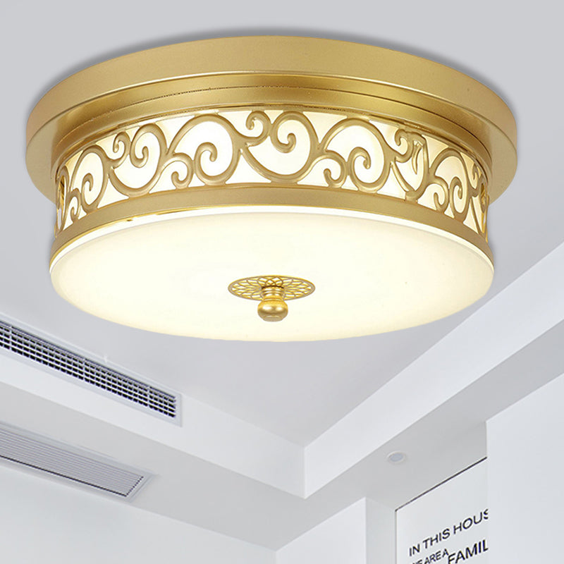 Gold Drum Flush Mount Lamp Classic White Glass LED 12"/16"/19.5" W Living Room Ceiling Light in White/Warm Light