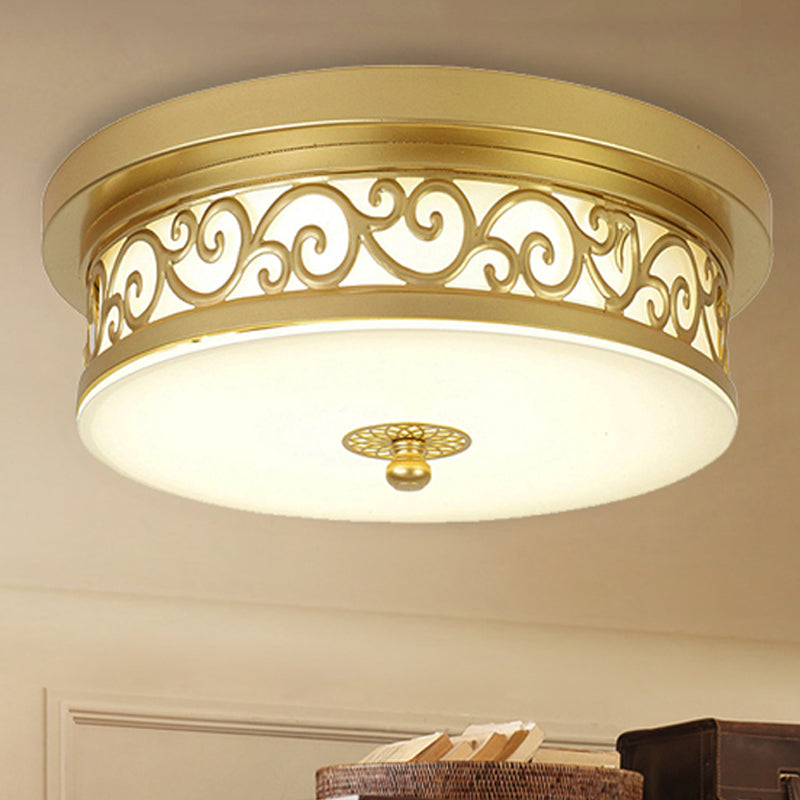 Gold Drum Flush Mount Lamp Classic White Glass LED 12"/16"/19.5" W Living Room Ceiling Light in White/Warm Light