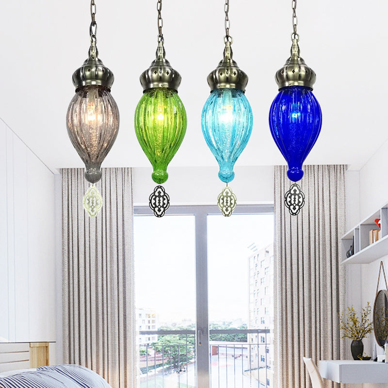 Traditional Droplet Hanging Lamp Blue/Green/Taupe Ribbed Glass 1/4 Bulbs Suspension Light for Bedroom