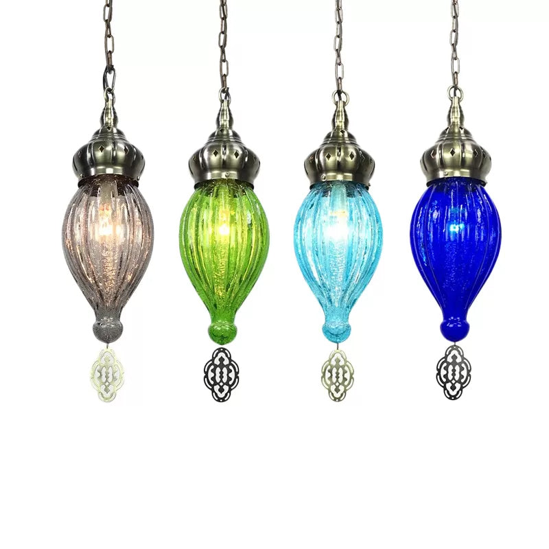 Traditional Droplet Hanging Lamp Blue/Green/Taupe Ribbed Glass 1/4 Bulbs Suspension Light for Bedroom