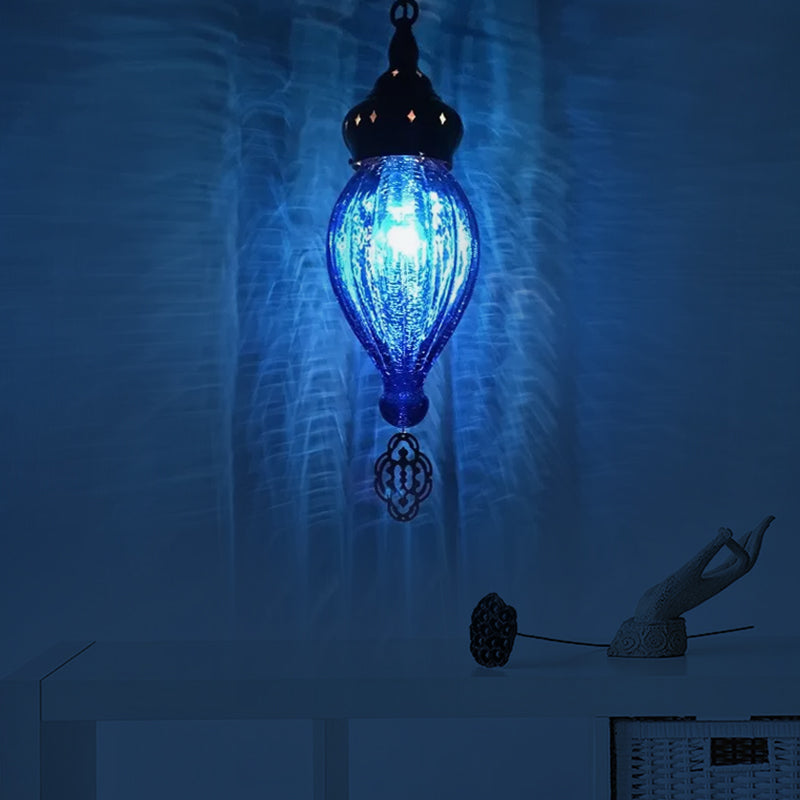 Traditional Droplet Hanging Lamp Blue/Green/Taupe Ribbed Glass 1/4 Bulbs Suspension Light for Bedroom