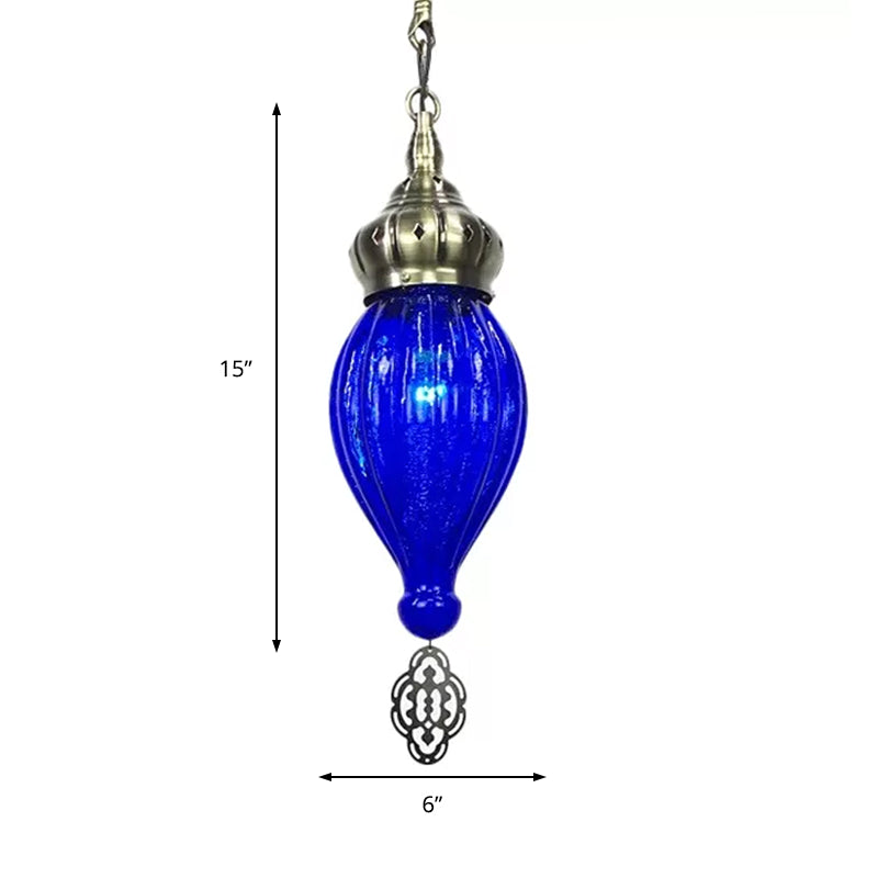 Traditional Droplet Hanging Lamp Blue/Green/Taupe Ribbed Glass 1/4 Bulbs Suspension Light for Bedroom