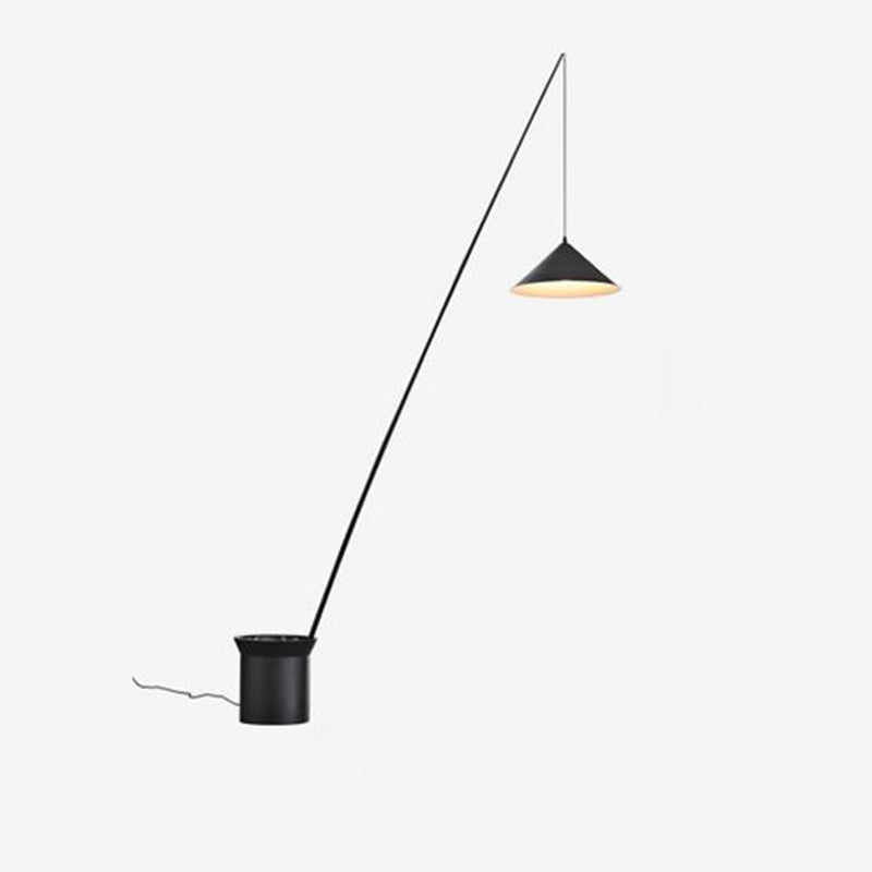 Single Dangling Cone Shade Floor Light Minimalistic Black Metal Stand Up Lamp with Rock Bucket Base