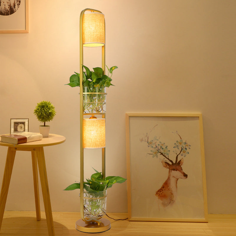 Lampadaire en tissu cylindrique moderne 2 têtes debout lumière du sol avec pot de plante en verre