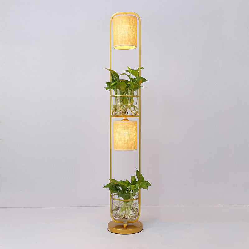 Lampadaire en tissu cylindrique moderne 2 têtes debout lumière du sol avec pot de plante en verre