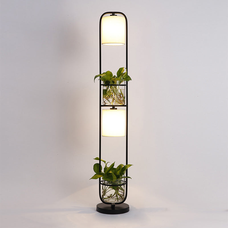 Lampadaire en tissu cylindrique moderne 2 têtes debout lumière du sol avec pot de plante en verre