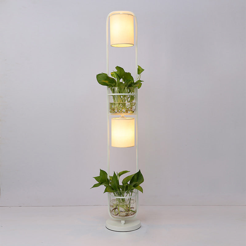 Cilindrische stof vloerlamp Modern 2 koppen staan ​​vloerlicht met glazen plantenpot