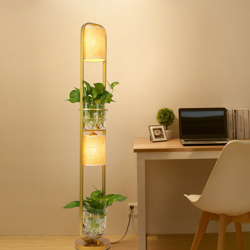 Lampadaire en tissu cylindrique moderne 2 têtes debout lumière du sol avec pot de plante en verre