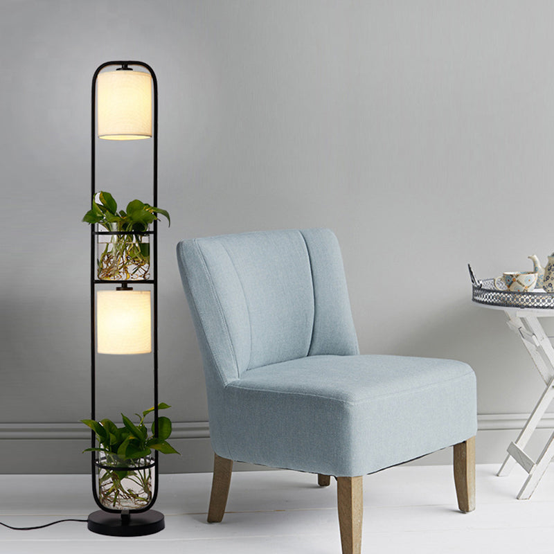 Lampadaire en tissu cylindrique moderne 2 têtes debout lumière du sol avec pot de plante en verre