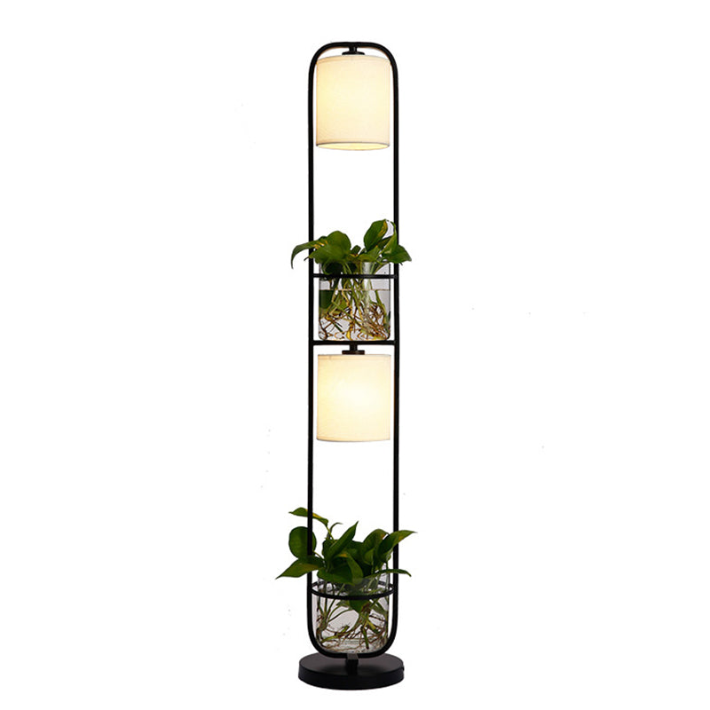 Lampadaire en tissu cylindrique moderne 2 têtes debout lumière du sol avec pot de plante en verre