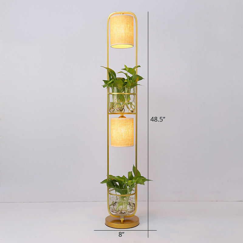 Lampadaire en tissu cylindrique moderne 2 têtes debout lumière du sol avec pot de plante en verre