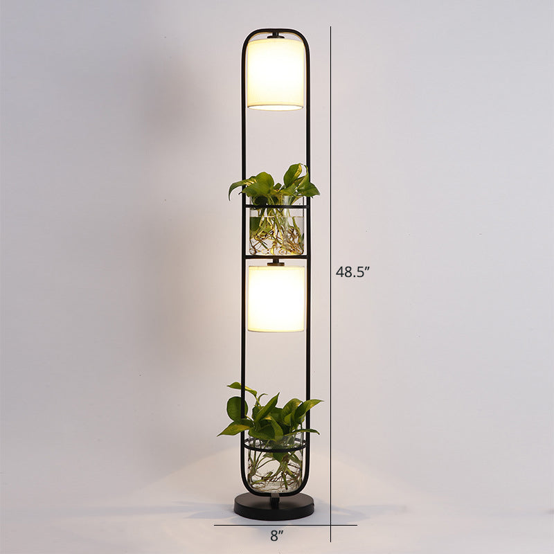 Lampadaire en tissu cylindrique moderne 2 têtes debout lumière du sol avec pot de plante en verre