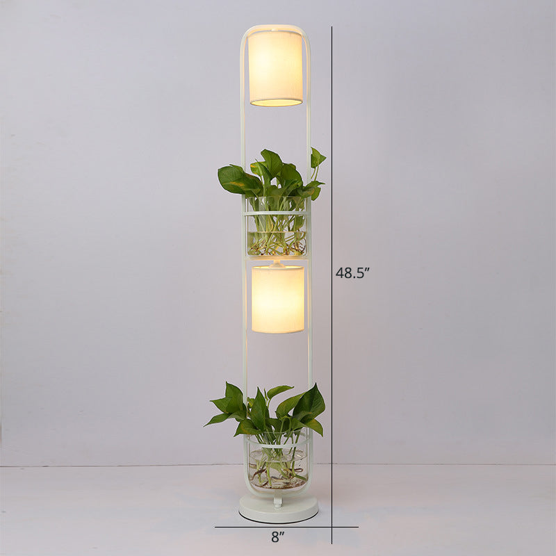 Lampadaire en tissu cylindrique moderne 2 têtes debout lumière du sol avec pot de plante en verre