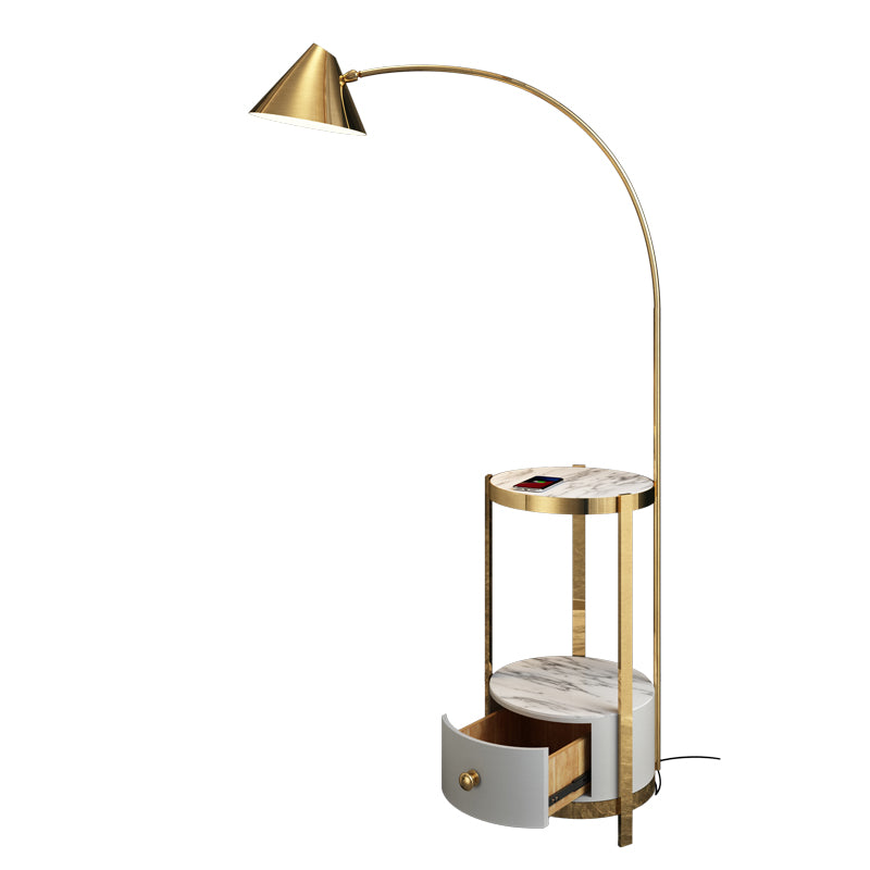 Metal Fishing Rod Floor Lamp Postmodern Style 1 Bulb Standing Light with Swivel Cone Shade and Marble Tray Cabinet