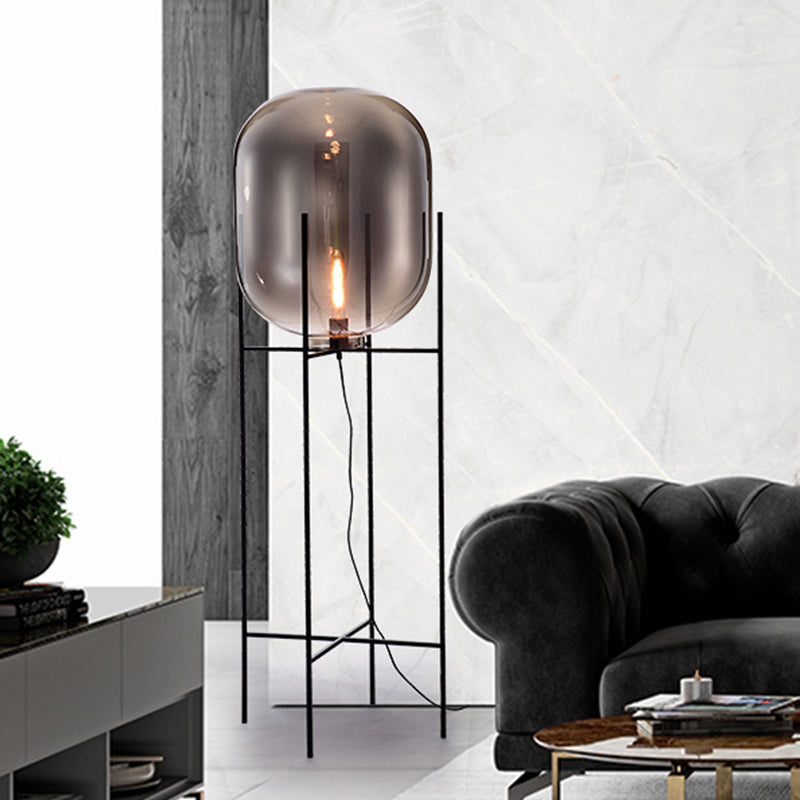 Luce pavimenti in vetro Designer Luce 1 Bulbo Black Standing Lampada con metallo H-Brace