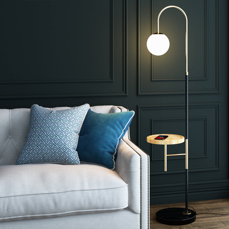 Gooseneck Living Room Floor Lamp Metal Single Minimalist Tray Floor Light with Ball White Glass Shade