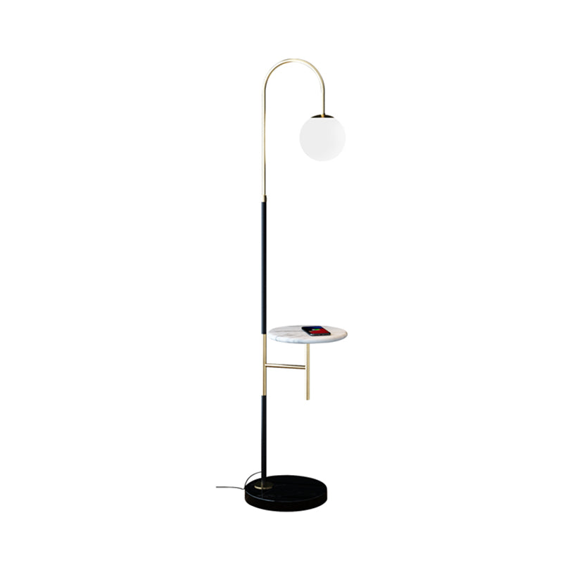 Gooseneck Living Room Floor Lamp Metal Single Minimalist Tray Floor Light with Ball White Glass Shade