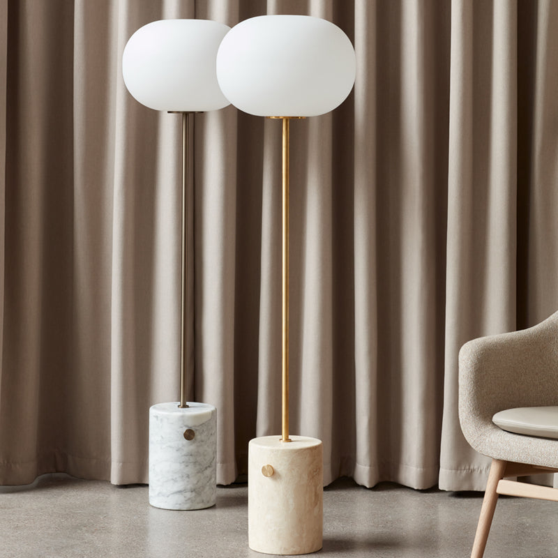 Crème glazen eivormige vloerlicht minimalistische stand-up opstaanlamp met cilindrische marmeren basis