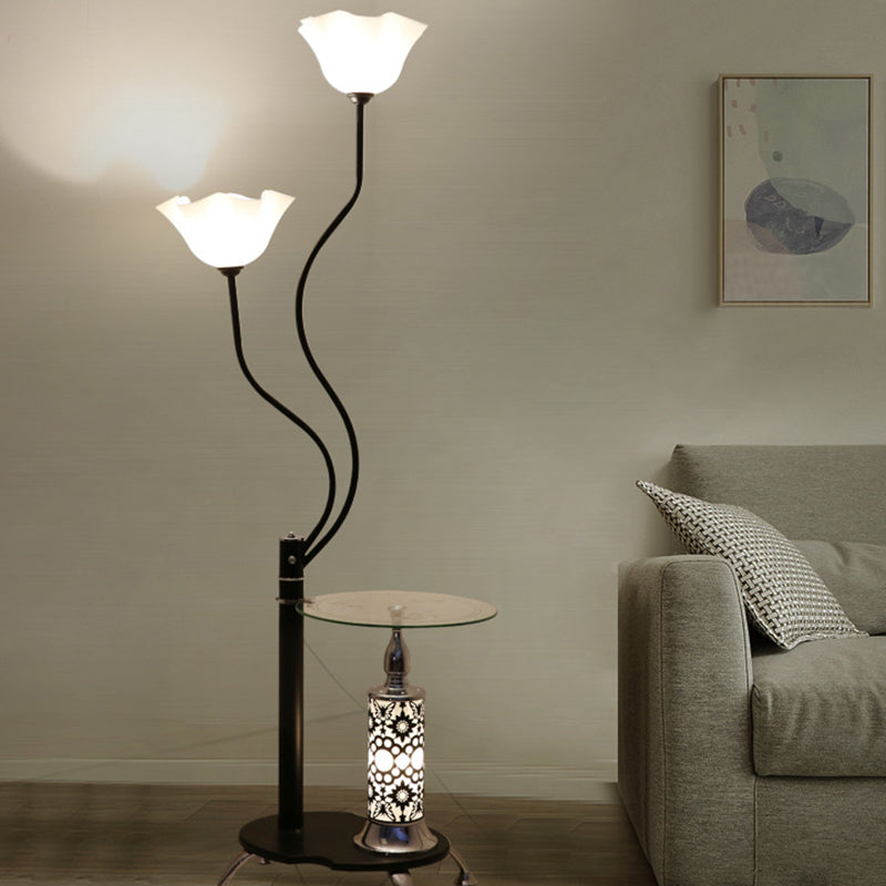 3 Bulbs Open-Top Flower Floor Light Country Black Frosted Glass Standing Floor Lamp with Tray