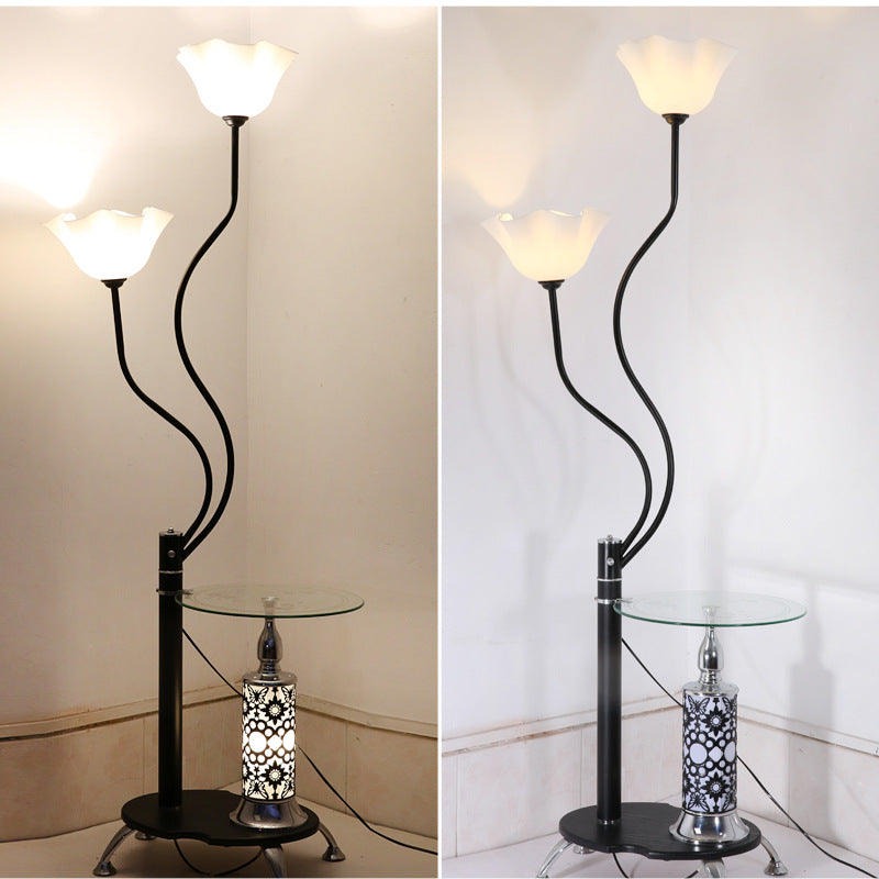 3 Bulbs Open-Top Flower Floor Light Country Black Frosted Glass Standing Floor Lamp with Tray